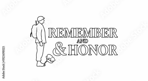 Outline drawing of a soldier with a backpack and a poppy with words