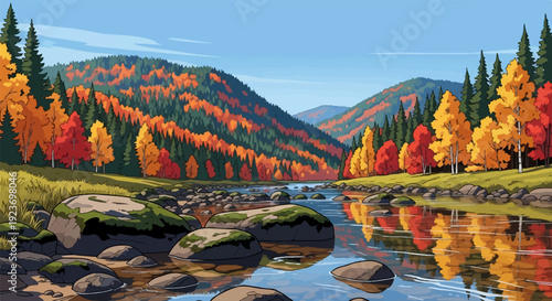 Mountain valley with a river flowing through during vibrant autumn foliage