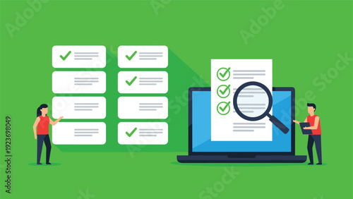 Performance review and project management workflow visualized with a laptop screen showing a checklist being audited by small professional figures.