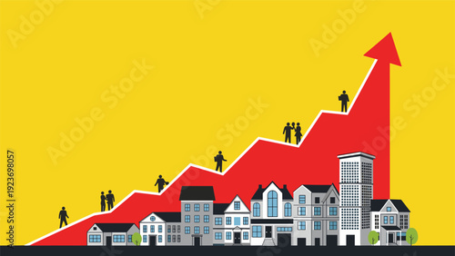 Economic growth and urban development are represented by a rising red arrow over city buildings and diverse human silhouettes.