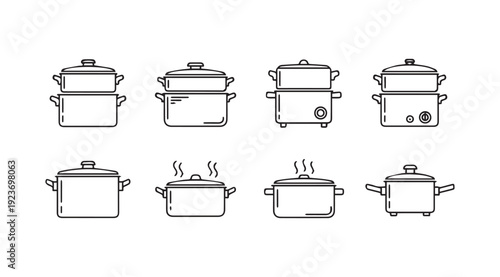 Collection of Cooking Pot Icons and Steamer Line Art