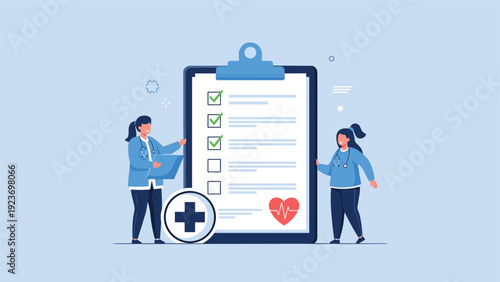 Healthcare professionals review a patient medical checklist on a large clipboard to ensure quality hospital care and diagnostics.