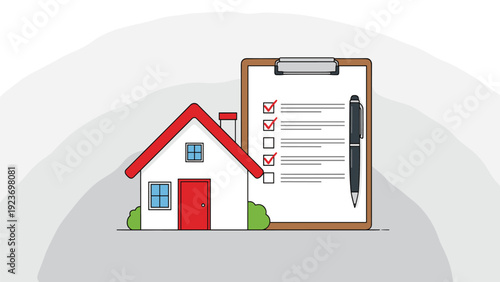 Home inspection or real estate appraisal process is illustrated by a house sitting next to a detailed checklist on a clipboard.