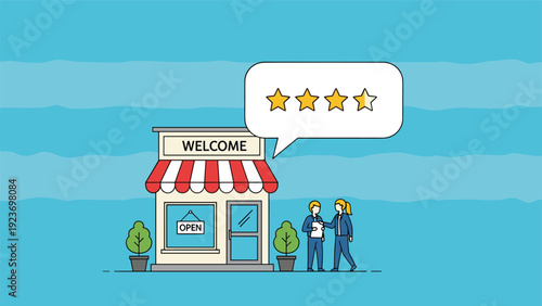 Business reputation and customer service success are shown with a four-star rating over a retail store and interacting people.