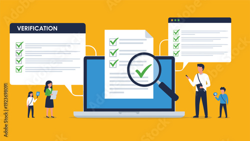 Digital verification process shown with a magnifying glass checking documents on a laptop screen surrounded by active people.