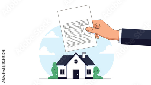 Real estate transaction involves a hand passing an official property document over a residential house for ownership transfer.