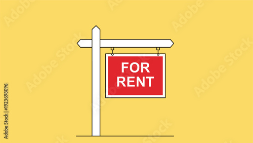 Red for rent sign on a wooden post stands against a bright yellow background to attract potential tenants for a property.