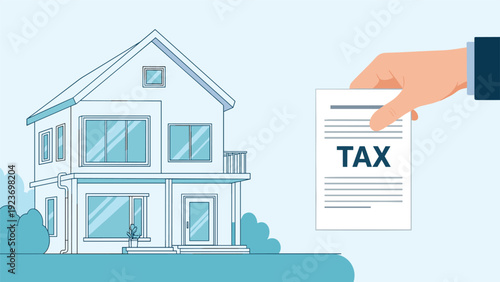 Financial planning for homeowners involves a hand holding a tax document next to a modern two-story residential building.