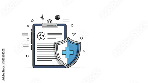 Medical record management and healthcare security are illustrated with a clipboard and a protective cross-bearing shield.