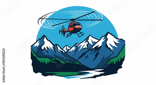Red helicopter flies over snowy mountains and river