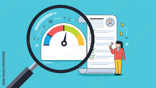 Credit score monitoring and financial health are illustrated with a magnifying glass over a meter and a woman with a report.