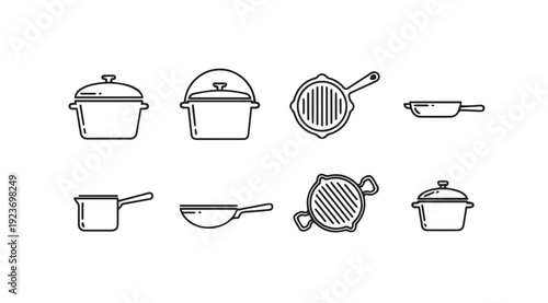 Collection of Cooking Pots and Pans Icon Set, Kitchenware Vector Graphics