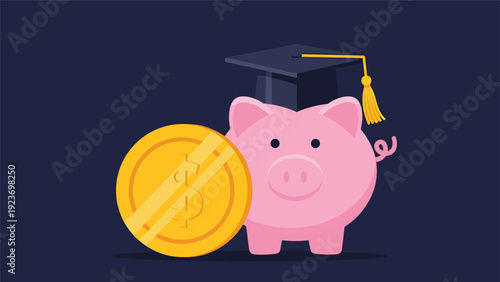 Saving for education is represented by a pink piggy bank wearing a graduation cap next to a large gold dollar coin.
