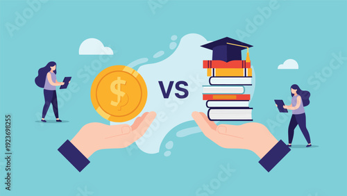 Comparison between education costs and value is shown with a scale balancing a gold coin and a stack of academic books.
