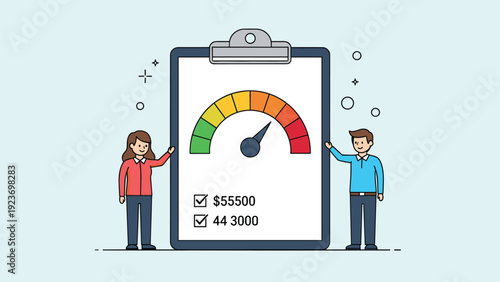 Two professionals analyze a credit score meter on a clipboard to assess financial reliability and mortgage eligibility.