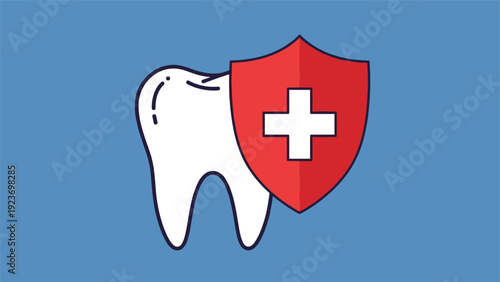 Dental insurance and tooth protection are symbolized by a large white tooth icon guarded by a red medical cross shield.