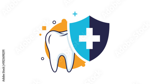 Professional dental insurance and tooth protection concept featuring a white tooth symbol behind a medical shield with a cross icon.