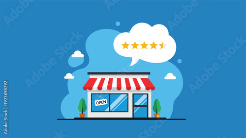 Local business success and customer satisfaction represented by a store icon with five golden stars in a speech bubble on a blue sky.