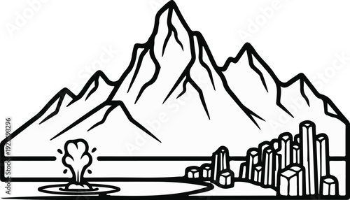 Mountain peaks above a geyser and abstract cityscape