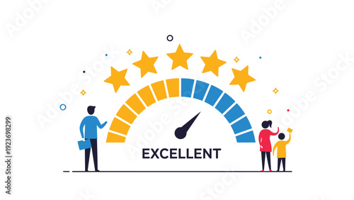 Customer satisfaction and performance measurement shown with a speedometer gauge pointing to excellent while people celebrate the result.