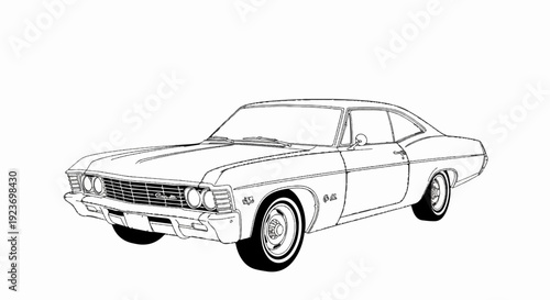 Monochrome sketch of a classic two-door coupe automobile from a low angle