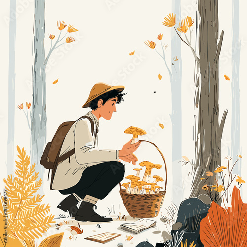 Forager Collecting Wild Forest Mushrooms