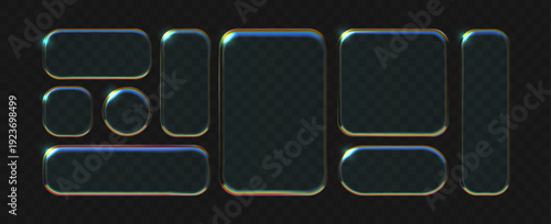 Liquid glass frames and buttons set isolated on transparent background.