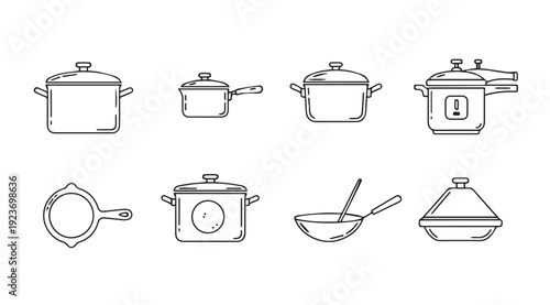 Collection of Cooking Pots and Pans Line Art Icons