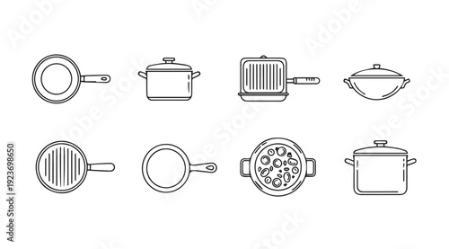 Collection of Cooking Pots and Pans Icons, Kitchenware Line Art, Vector Graphics