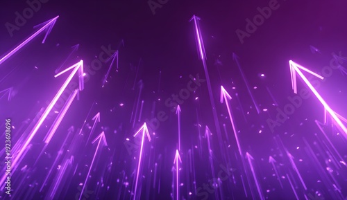 Futuristic glowing arrows ascend on purple background with light particles and bokeh effect symbolizing progress