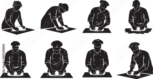 Silhouette of chef preparing food in various positions sequence