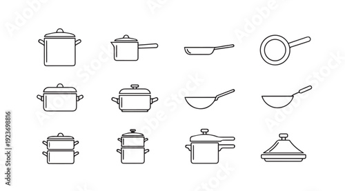Collection of Cooking Pots and Pans Line Icons for Kitchenware and Food Preparation
