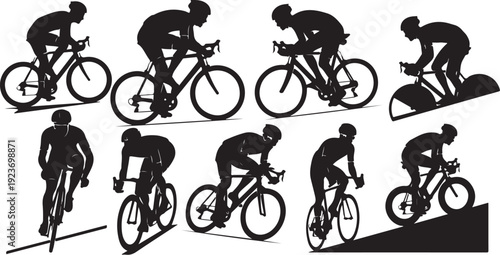 Silhouette of cyclist in various positions and movements cycling