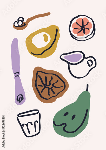 Dolce vita poster design. Hand-drawn food, snack and drink in doodle drawing ...