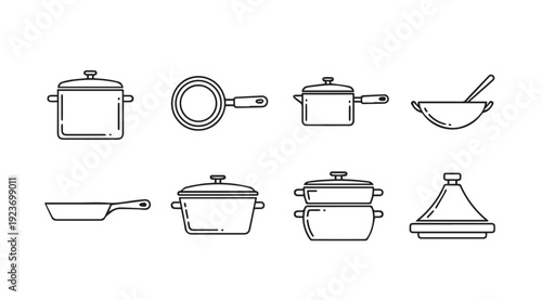 Collection of Cooking Pots and Pans Line Icons
