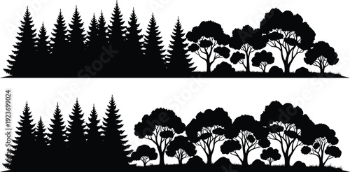 Forest tree line silhouette, pine and deciduous woodland border, nature landscape divider vector, timber wilderness horizon, garden park greenery background.