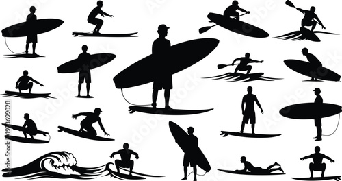 Vector Silhouette Illustration Set of Surfers and Paddleboarders Featuring Various Poses Like Riding Waves Carrying Boards and Paddling for Summer Water Sports