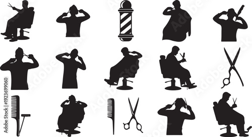 Silhouette of barbers at work with various tools and styles