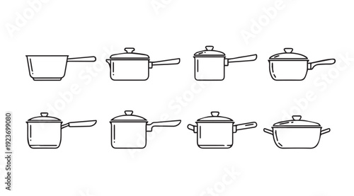 Collection of Cooking Pots and Saucepans with Handles, Line Art Icons