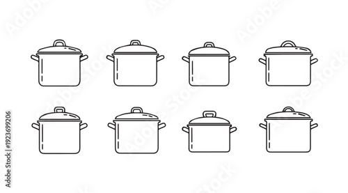 Collection of Cooking Pots with Lids and Handles, Simple Line Art Icon Set