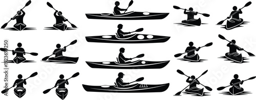 Black silhouettes of people rowing kayaks and canoes in various poses isolated on white background for water sports and adventure
