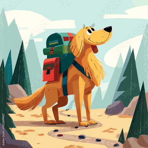 Golden Retriever Wearing Hiking Backpack Outdoors