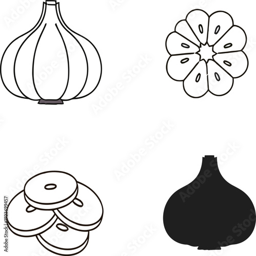 Garlic cloves and bulb illustrations on transparent background