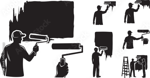 Silhouette of a man painting with various tools and techniques