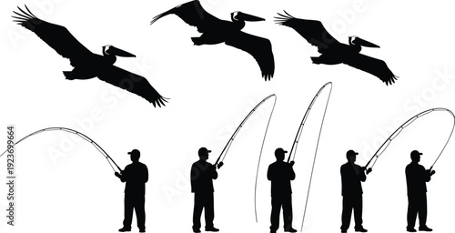 Black silhouettes of fishermen with fishing rods and pelicans flying in the sky isolated on white background for coastal recreation