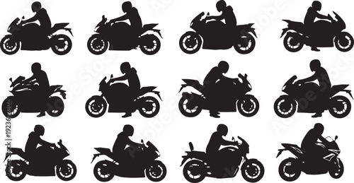 Motorcycle riders in various poses on different bikes silhouettes