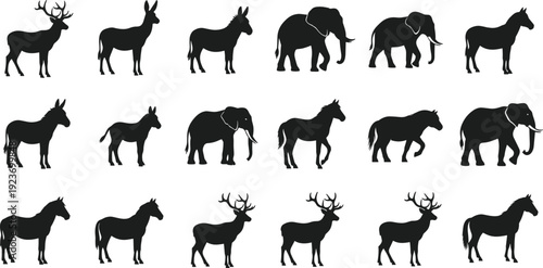Safari animal silhouette collection, elephant deer horse donkey vector icons, wild wildlife nature set, zoo mammal design elements, outdoor animal.