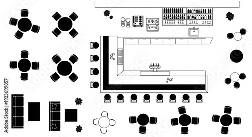 Restaurant layout with tables and seating arrangement for dining and service.
