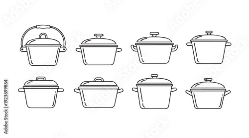 Collection of Eight Different Cooking Pots and Pans, Line Art Style