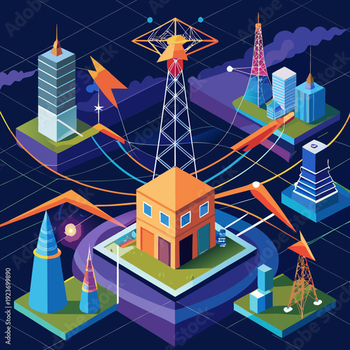 Abstract Network of City Towers and Buildings